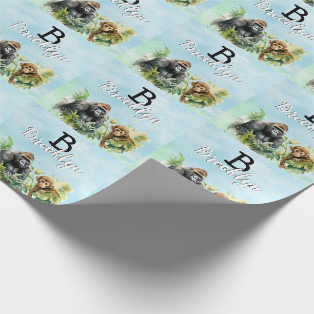 Personalisiert Gorilla Chimpanze Jungle Monogram Geschenkpapier (Ecke)
