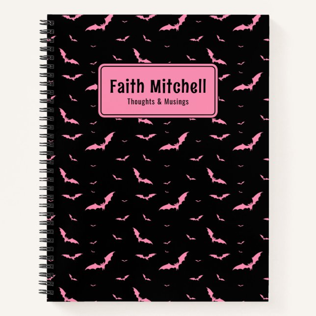Personalisiert Gothic Pink Black Bat Muster Spiral Notizbuch (Vorderseite)