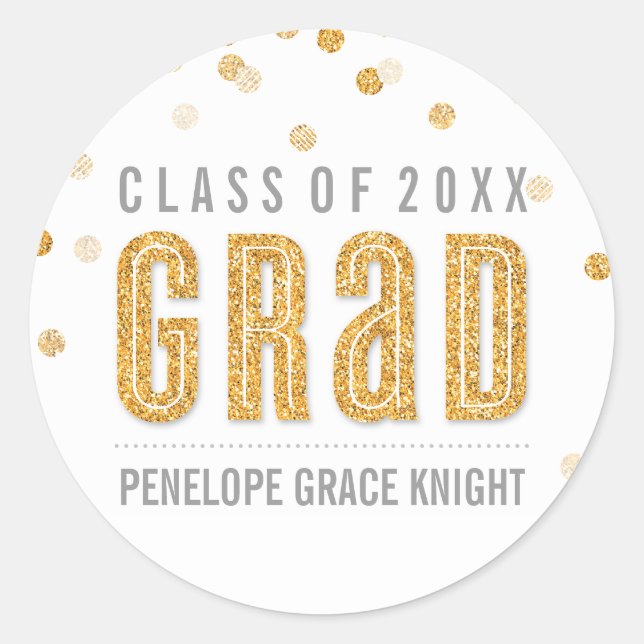 PERSONALISIERT GRAD STICKER Konfetti Glitzer Gold (Vorderseite)