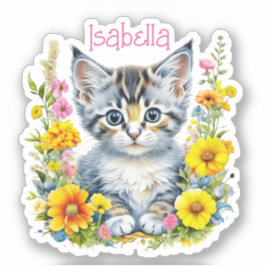 Personalisiert Grau Kitten und Blume Wasserfarbe Aufkleber