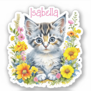 Personalisiert Grau Kitten und Blume Wasserfarbe Aufkleber