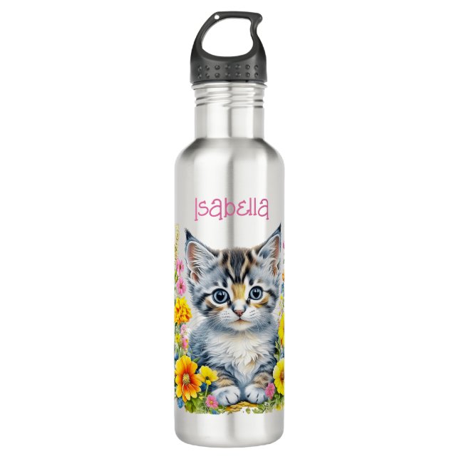 Personalisiert Grau Kitten und Blume Wasserfarbe Edelstahlflasche (Vorderseite)
