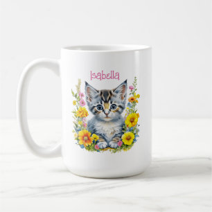 Personalisiert Grau Kitten und Blume Wasserfarbe Kaffeetasse