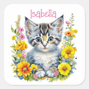 Personalisiert Grau Kitten und Blume Wasserfarbe Quadratischer Aufkleber