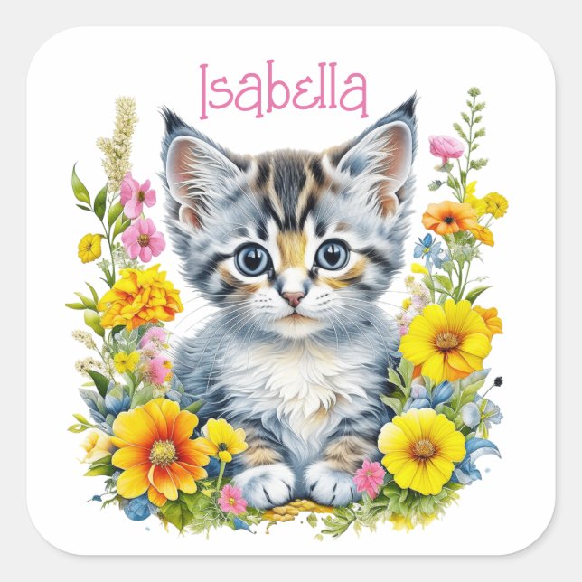 Personalisiert Grau Kitten und Blume Wasserfarbe Quadratischer Aufkleber (Vorderseite)