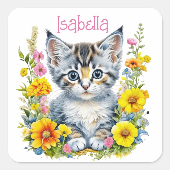 Personalisiert Grau Kitten und Blume Wasserfarbe Quadratischer Aufkleber (Vorderseite)