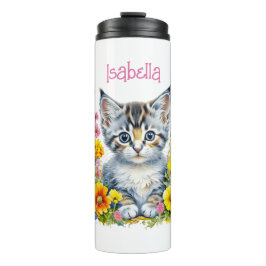 Personalisiert Grau Kitten und Blume Wasserfarbe Thermosbecher