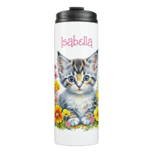 Personalisiert Grau Kitten und Blume Wasserfarbe Thermosbecher