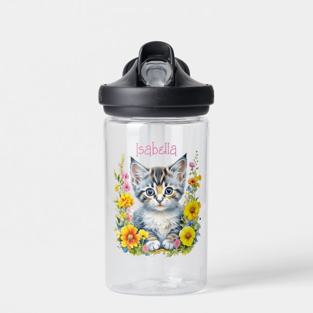 Personalisiert Grau Kitten und Blume Wasserfarbe Trinkflasche (Vorne)