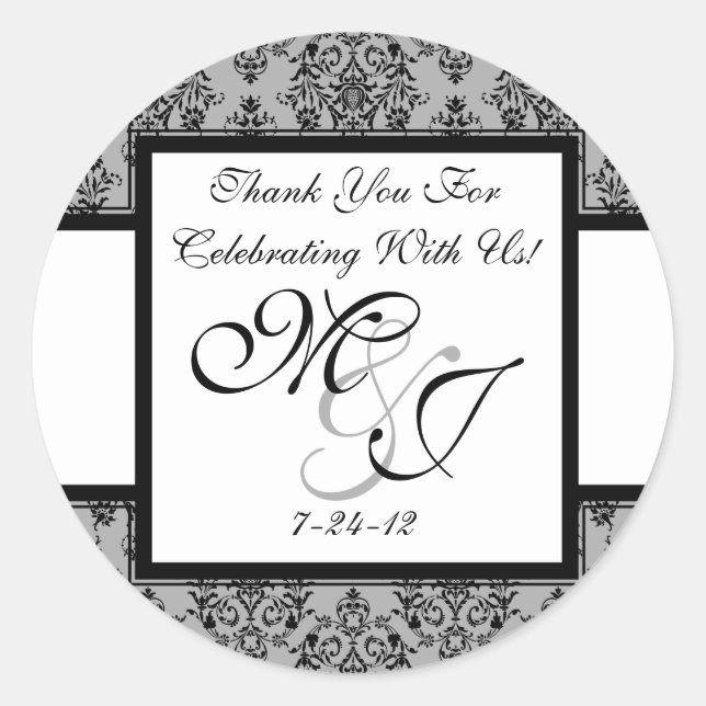 Personalisiert Gray Damask Wedding Favor Labels Runder Aufkleber (Vorderseite)