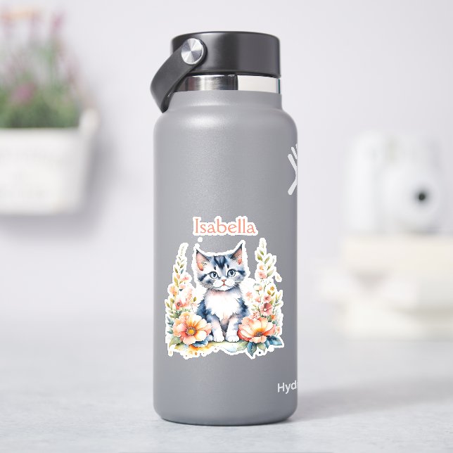 Personalisiert Gray Kitten in rosa Blume Aufkleber (HydroFlask)