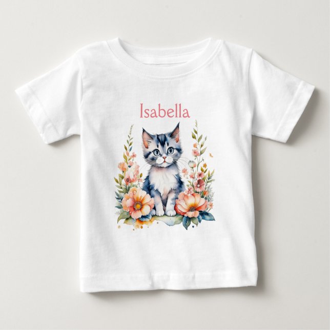 Personalisiert Gray Kitten in rosa Blume Baby T-shirt (Vorderseite)