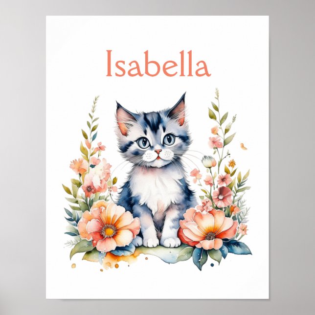 Personalisiert Gray Kitten in rosa Blume Poster (Vorne)