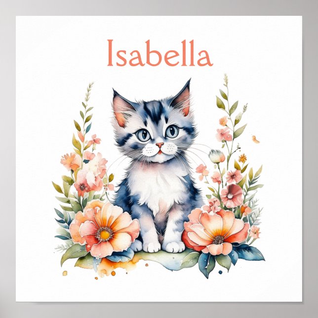 Personalisiert Gray Kitten in rosa Blume Poster (Vorne)