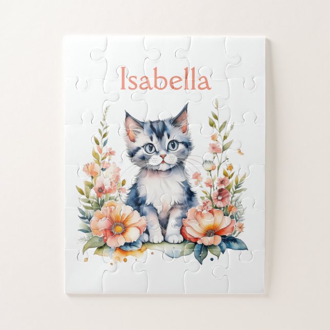 Personalisiert Gray Kitten in rosa Blume Puzzle (Vertikal)