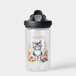 Personalisiert Gray Kitten in rosa Blume Trinkflasche