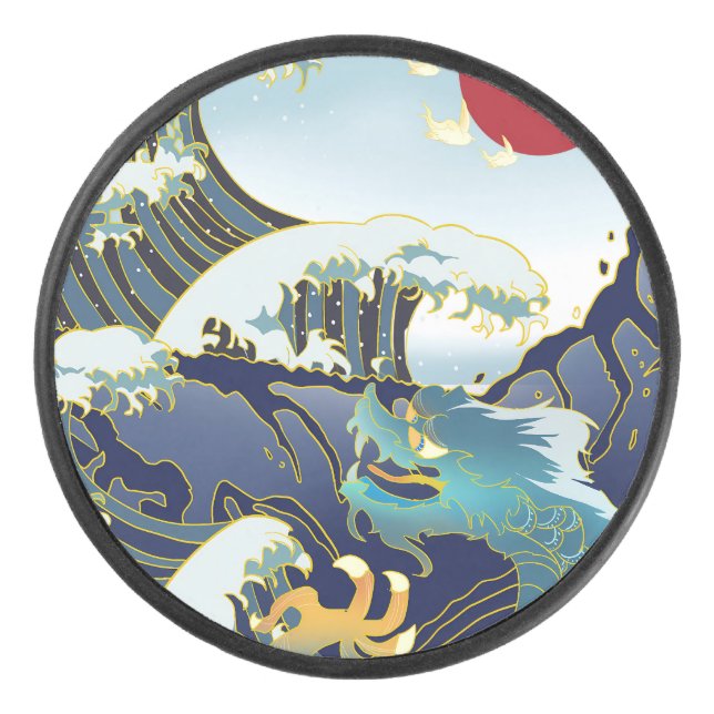 Personalisiert Green Dragon Blue Wave Red Sun Eishockey Puck (Vorderseite)