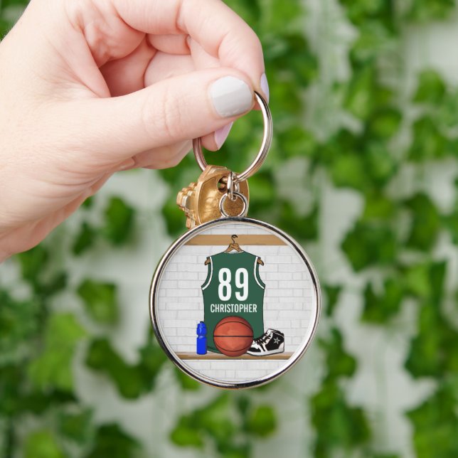 Personalisiert Green und White Basketball Jersey Schlüsselanhänger (Hand)