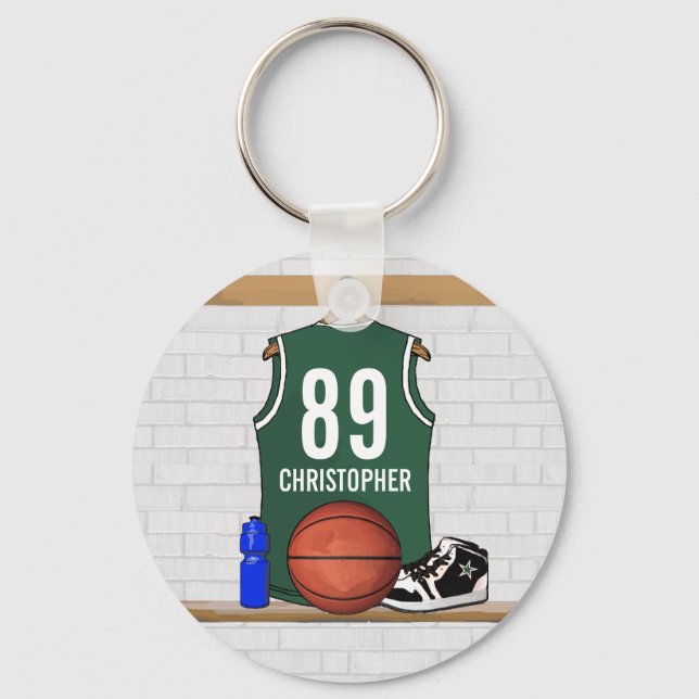 Personalisiert Green und White Basketball Jersey Schlüsselanhänger (Vorderseite)