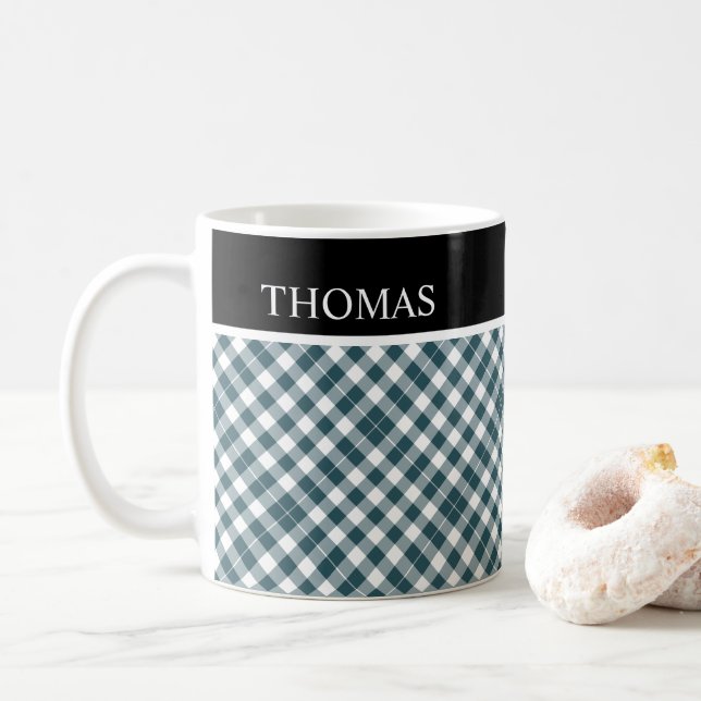 Personalisiert Green White Gingham Individuelle Na Kaffeetasse (Mit Donut)