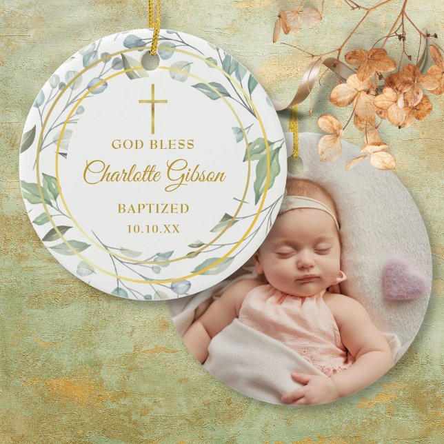 Personalisiert Greenery Gold Boy Girl Taufe Foto Keramik Ornament (Personalized Greenery Gold Boy Girl Baptism Photo Ceramic Ornament)