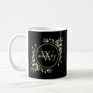 Personalisiert Greenery Gold Monogram Black Kaffeetasse