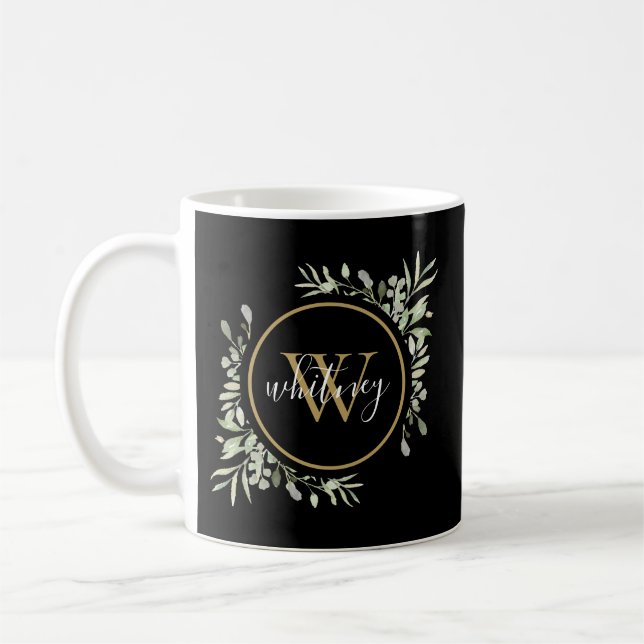Personalisiert Greenery Gold Monogram Black Kaffeetasse (Links)