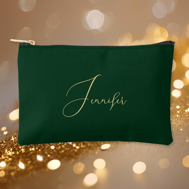 Personalisiert-Grüne-Goldmonogram-kosmetisch Zubehörtasche (Personalized Green Gold Monogram Makeup Cosmetic Accessory Pouch)