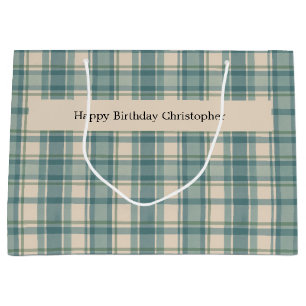 Personalisiert-grünes blaues Beige Karierter Gebur Große Geschenktüte
