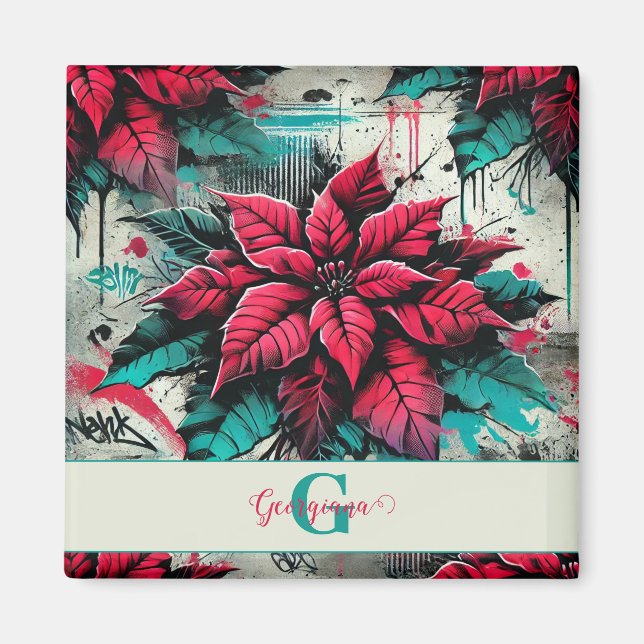 Personalisiert Grungy Poinsettia Floral Graffiti Magnet (Vorne)