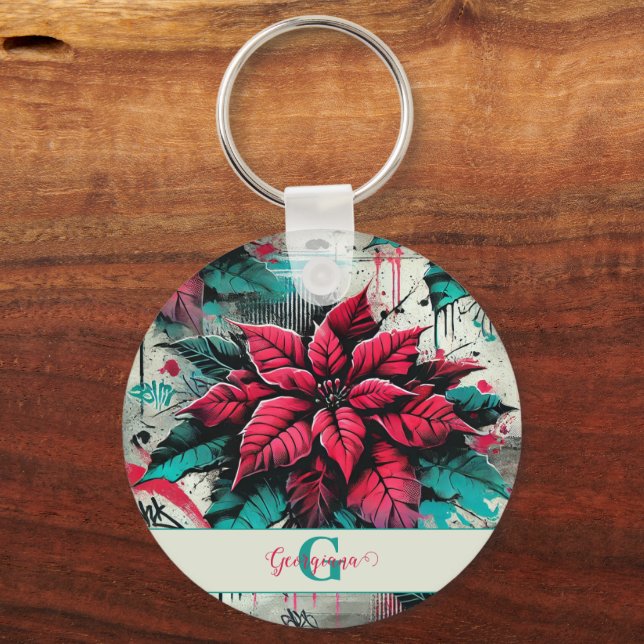 Personalisiert Grungy Poinsettia Floral Graffiti Schlüsselanhänger (Vorderseite)