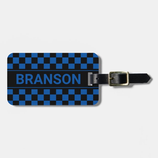 Personalisiert H Bar Blue Checked Gepäckanhänger (Vorderseite horizontal)