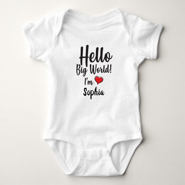 Personalisiert Hallo Big World! Ich bin BABY NAME  Baby Strampler (Vorderseite)