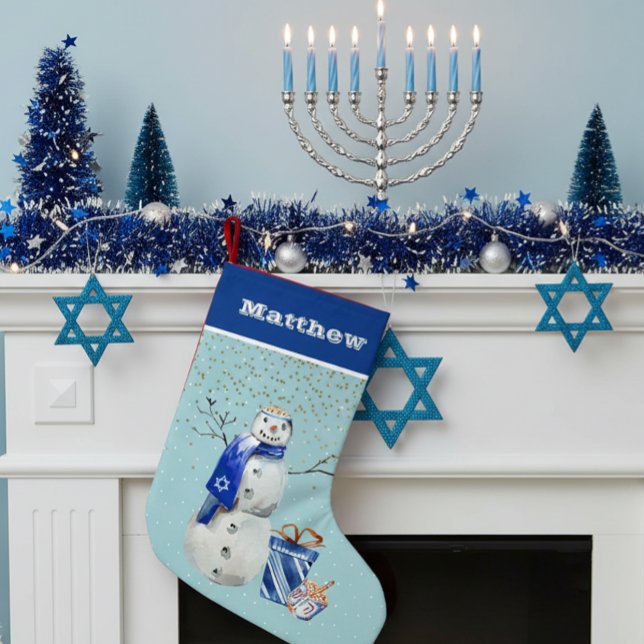 Personalisiert Hanukkah Blue Snowman Watercolor Kleiner Weihnachtsstrumpf (Von Creator hochgeladen)