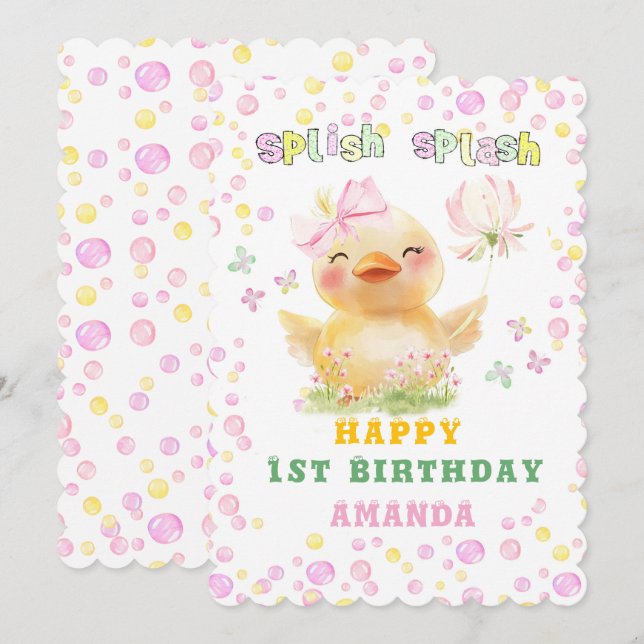 Personalisiert Happy 1. Geburtstag Rubber Duck Gir Einladung (Vorne/Hinten)