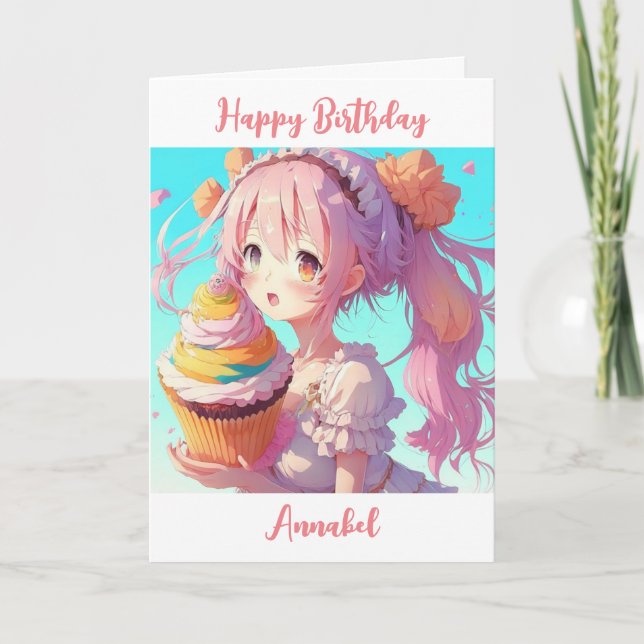 Personalisiert Happy Birthday Anime Girl Cupcake Karte (Vorderseite)