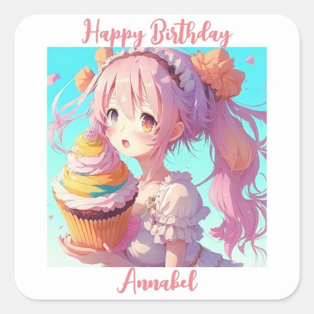 Personalisiert Happy Birthday Anime Girl Cupcake Quadratischer Aufkleber (Vorderseite)