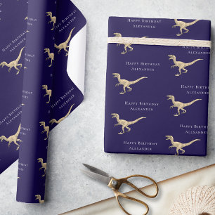 Personalisiert Happy Birthday Dinosaur Navy Blue Geschenkpapier