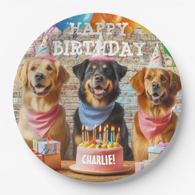 Personalisiert Happy Birthday Dog Paper Tellware Pappteller (Vorderseite)