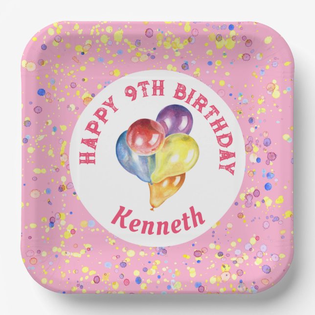 Personalisiert Happy Birthday Pink Confetti Ballon Pappteller (Vorderseite)