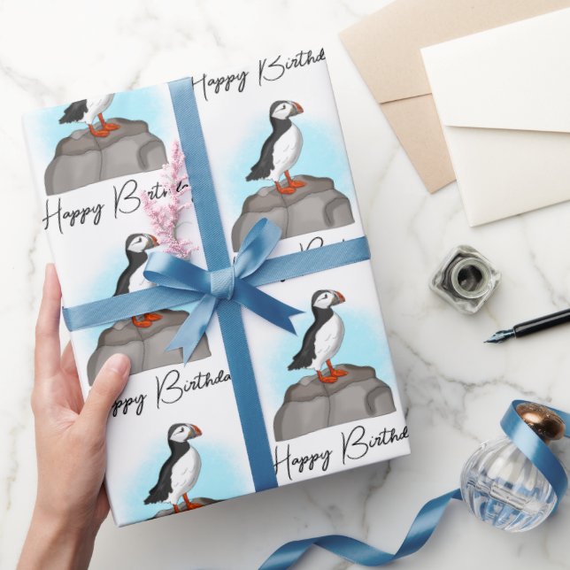 Personalisiert Happy Birthday Puffin Geschenkpapier (Schenken)