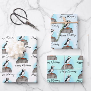 Personalisiert Happy Birthday Puffin Geschenkpapier Set