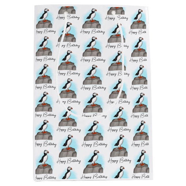 Personalisiert Happy Birthday Puffin Mittlere Geschenktüte (Vorderseite)