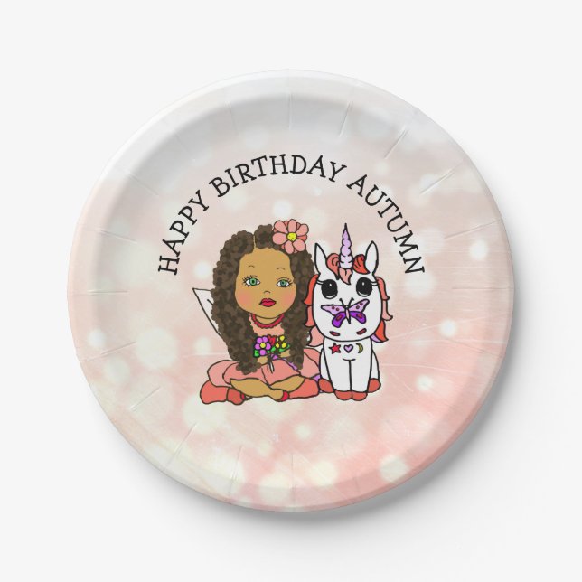 Personalisiert Happy Birthday Unicorn und Fairy Pappteller (Vorderseite)