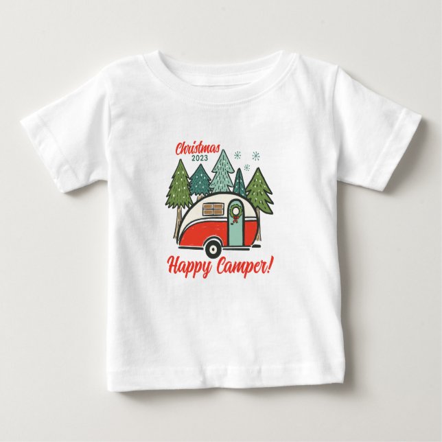 Personalisiert Happy Camper Weihnachten Baby T-shirt (Vorderseite)
