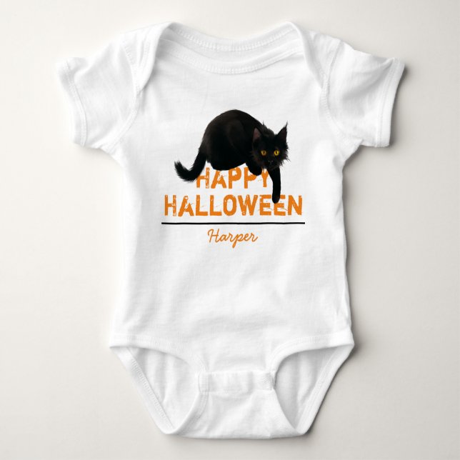 Personalisiert Happy Halloween Black Cat Baby Strampler (Vorderseite)