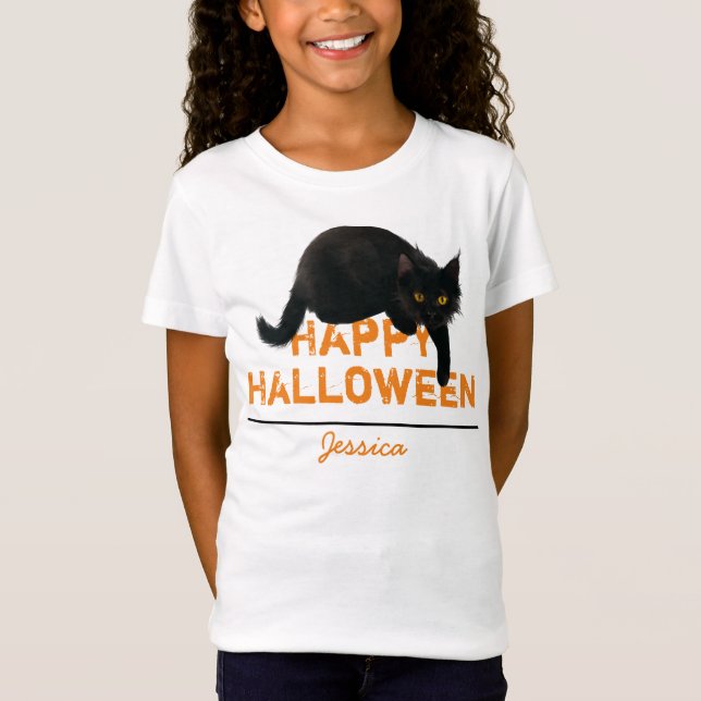 Personalisiert Happy Halloween Black Cat T - Shirt (Vorderseite)