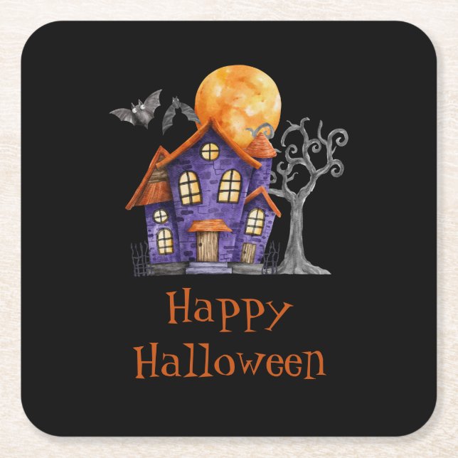Personalisiert Happy Halloween Spuk Haus Rechteckiger Pappuntersetzer (Vorderseite)
