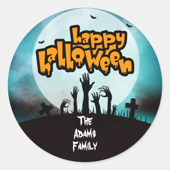 Personalisiert Happy Halloween Zombie Graveyard Runder Aufkleber (Vorderseite)