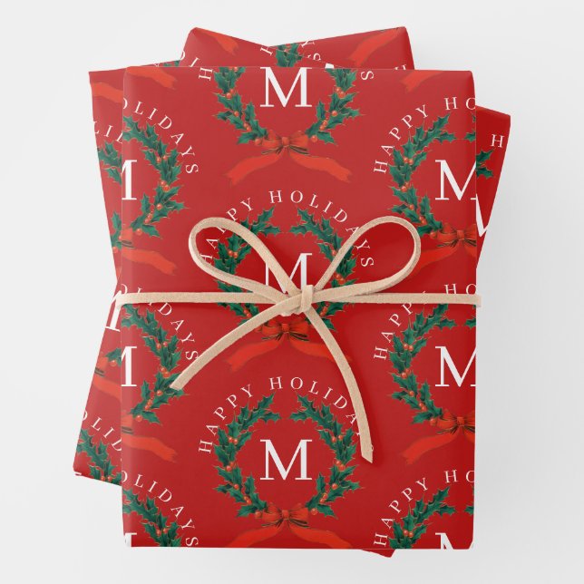 Personalisiert Happy Holidays Red Monogram Wreath Geschenkpapier Set (Beispiel)